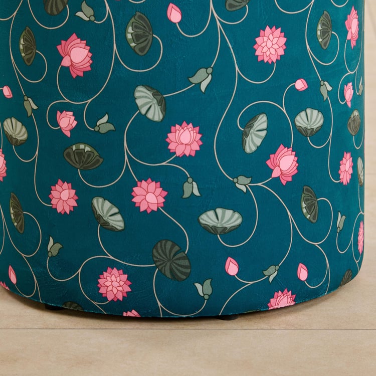 Maya Fabric Lotus Printed Pouffe - Teal