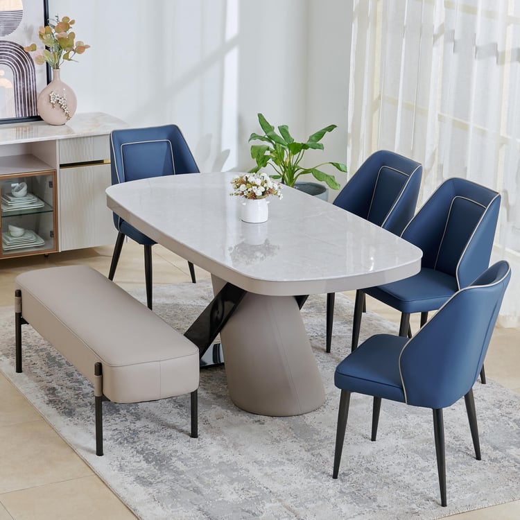 Marcello Glass Top 6-Seater Dining Set with Chairs and Bench - Grey and Blue