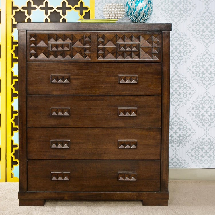 Rio Rubber Wood Chest of 5 Drawers - Brown