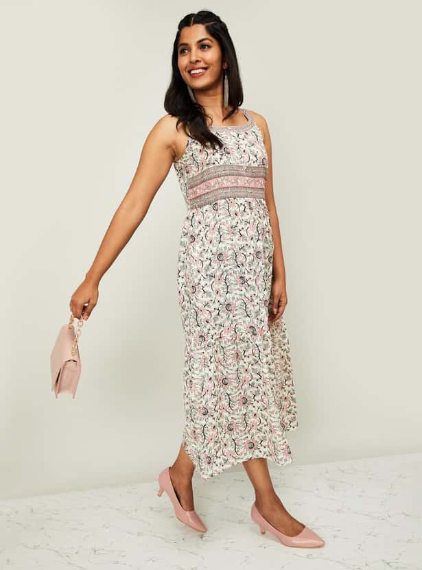 MELANGE Women Printed Sleeveless Midi Dress with a Printed Mask