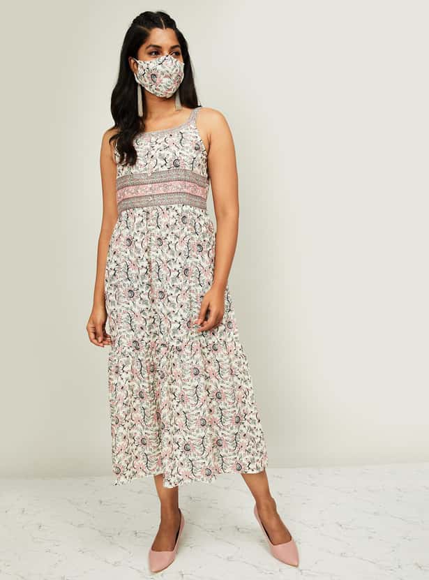 MELANGE Women Printed Sleeveless Midi Dress with a Printed Mask