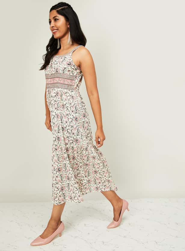 MELANGE Women Printed Sleeveless Midi Dress with a Printed Mask