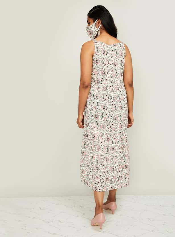 MELANGE Women Printed Sleeveless Midi Dress with a Printed Mask