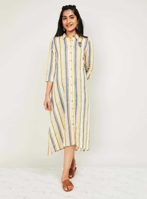 MELANGE Women Striped Three-quarter Sleeved Midi Dress