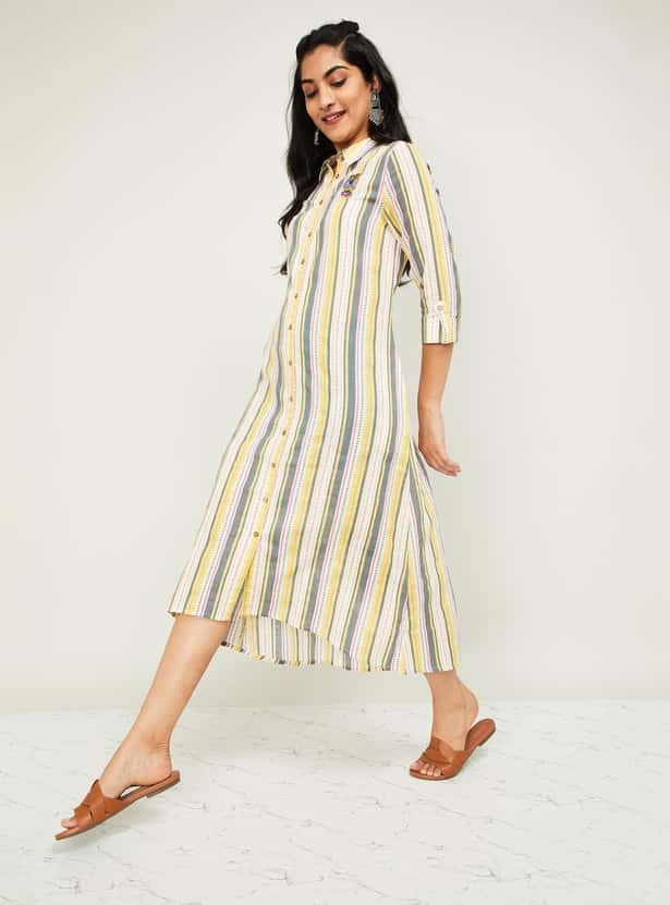 MELANGE Women Striped Three-quarter Sleeved Midi Dress