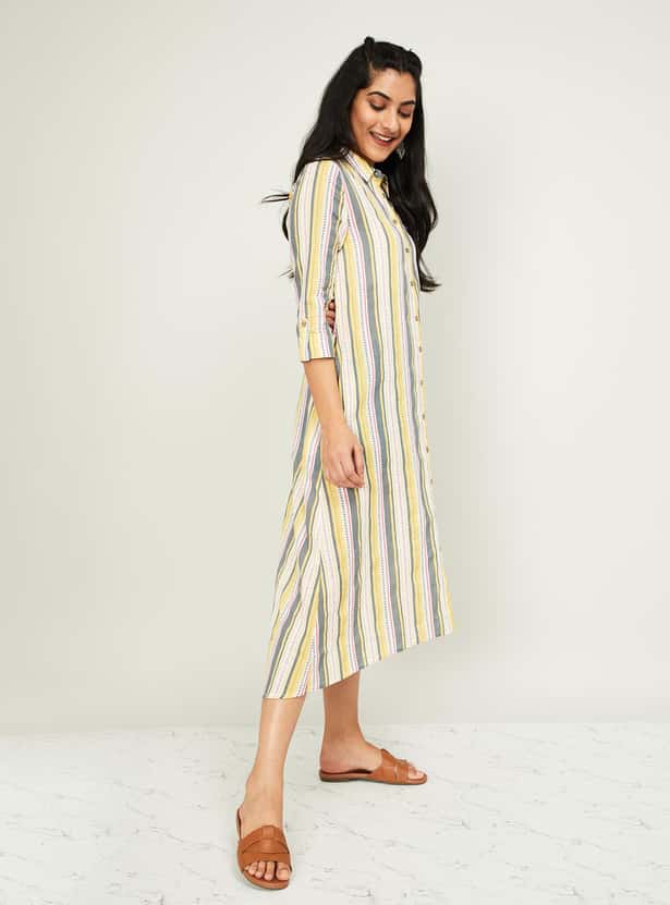 MELANGE Women Striped Three-quarter Sleeved Midi Dress