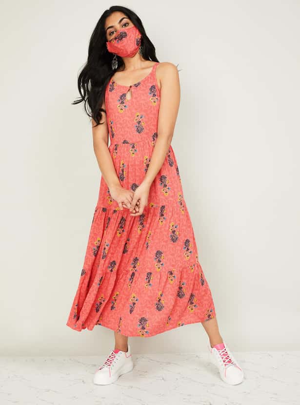 MELANGE Women Floral Print Sleeveless Midi Dress with Mask