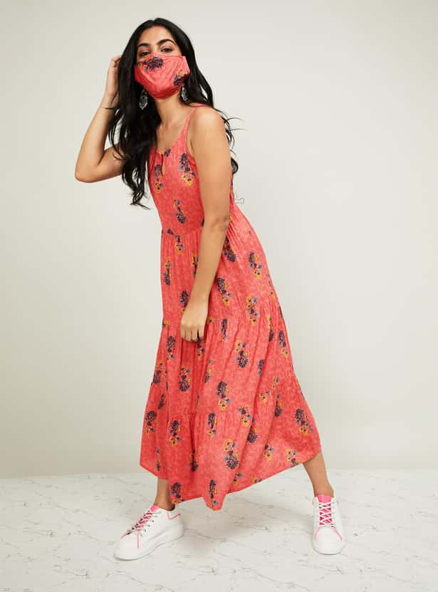 MELANGE Women Floral Print Sleeveless Midi Dress with Mask