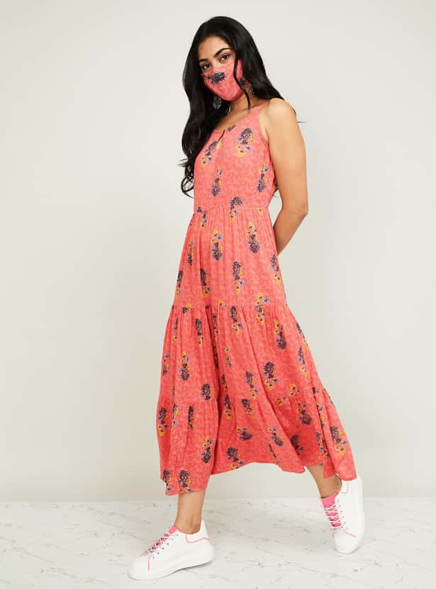 MELANGE Women Floral Print Sleeveless Midi Dress with Mask