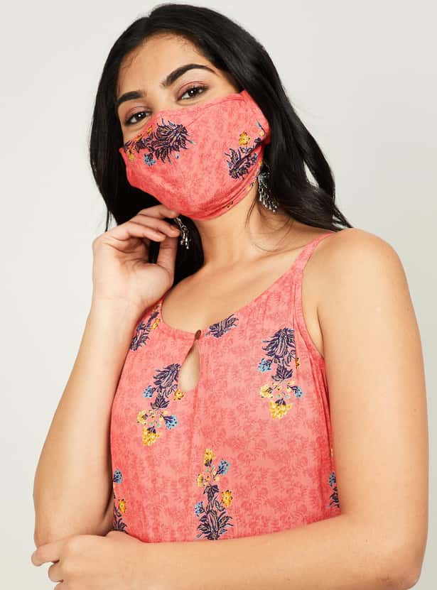 MELANGE Women Floral Print Sleeveless Midi Dress with Mask