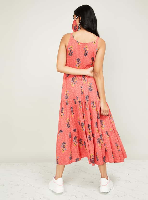 MELANGE Women Floral Print Sleeveless Midi Dress with Mask