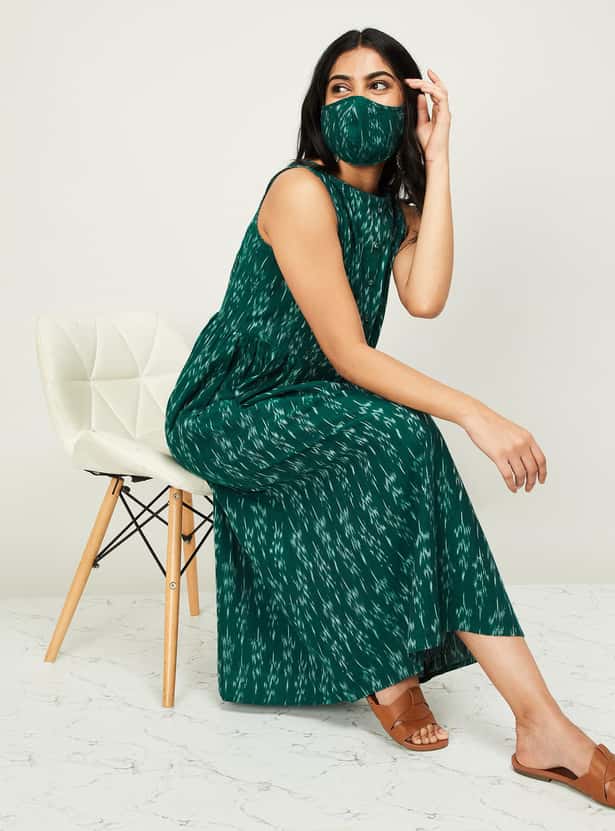 MELANGE Women Printed Sleeveless Midi Dress with Mask