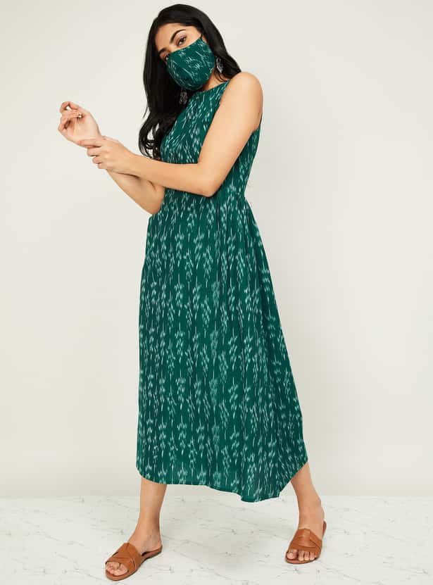 MELANGE Women Printed Sleeveless Midi Dress with Mask