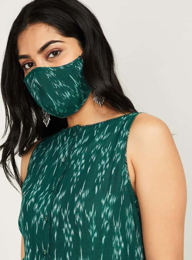 MELANGE Women Printed Sleeveless Midi Dress with Mask