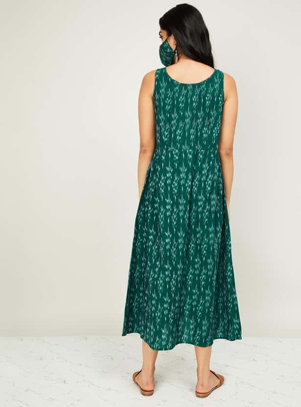 MELANGE Women Printed Sleeveless Midi Dress with Mask