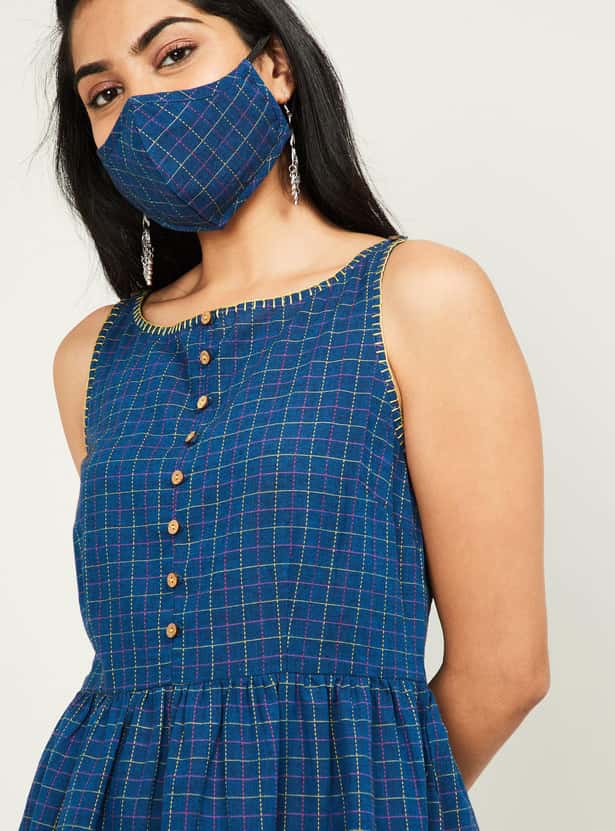 MELANGE Women Checked Sleeveless Midi Dress with Mask