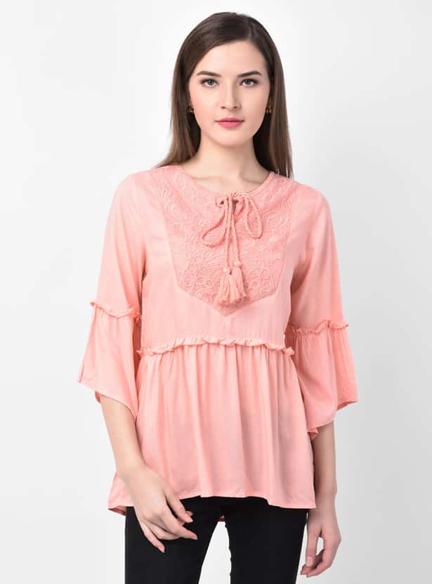 LATIN QUARTERS Women Embroidered Tunic with Bell Sleeves