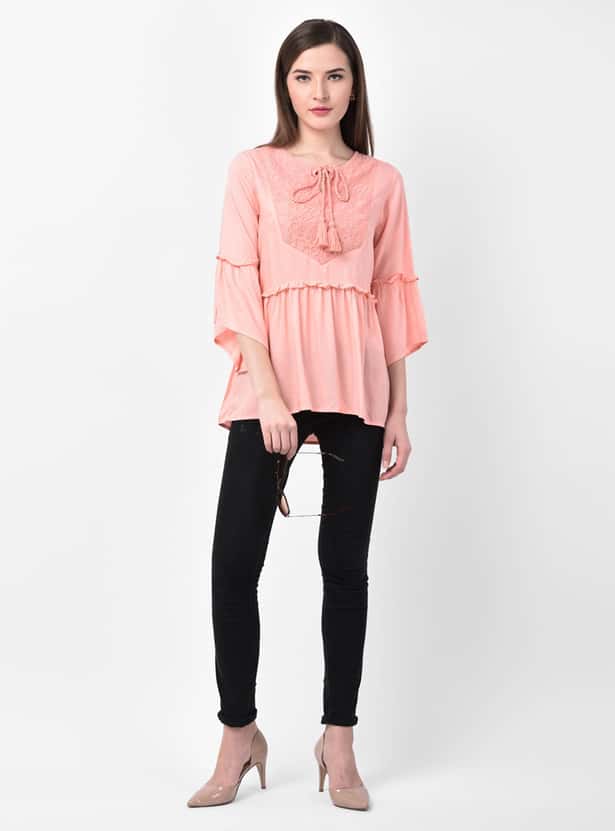 LATIN QUARTERS Women Embroidered Tunic with Bell Sleeves