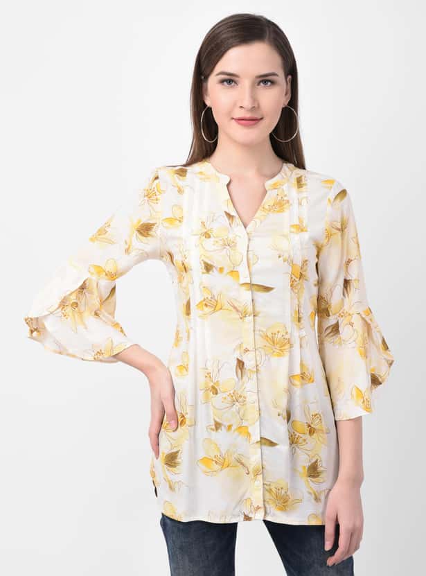 LATIN QUARTERS Women Floral Print Tunic with Petal Bell Sleeves