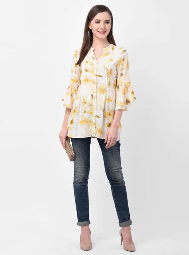LATIN QUARTERS Women Floral Print Tunic with Petal Bell Sleeves