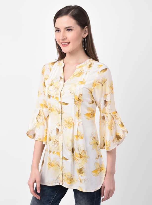 LATIN QUARTERS Women Floral Print Tunic with Petal Bell Sleeves
