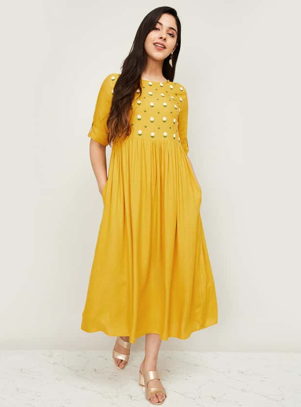 MELANGE Women Embroidered A-line Midi Dress with Pockets