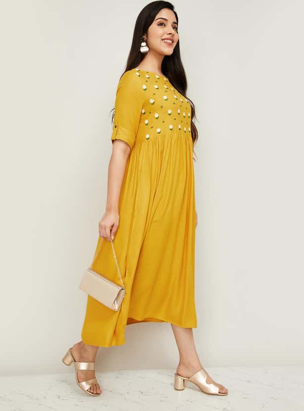 MELANGE Women Embroidered A-line Midi Dress with Pockets