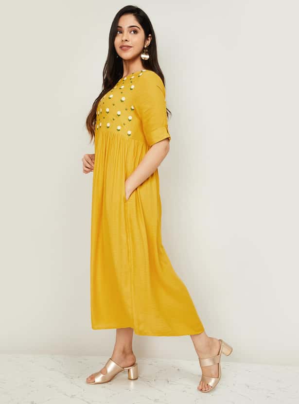MELANGE Women Embroidered A-line Midi Dress with Pockets