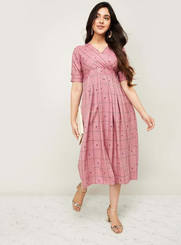 MELANGE Women Checked Short Sleeves Midi Dress