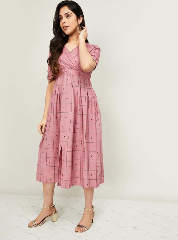 MELANGE Women Checked Short Sleeves Midi Dress