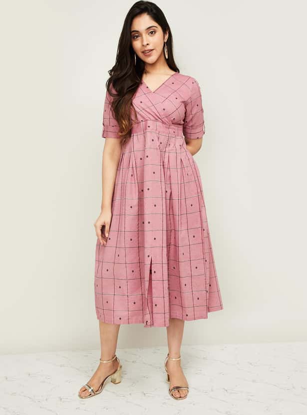 MELANGE Women Checked Short Sleeves Midi Dress