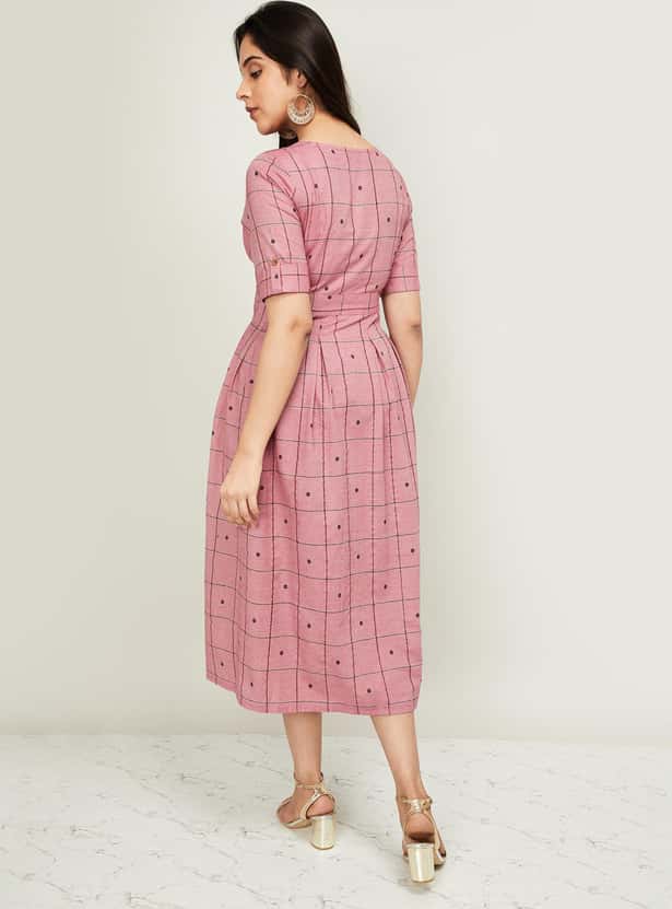 MELANGE Women Checked Short Sleeves Midi Dress