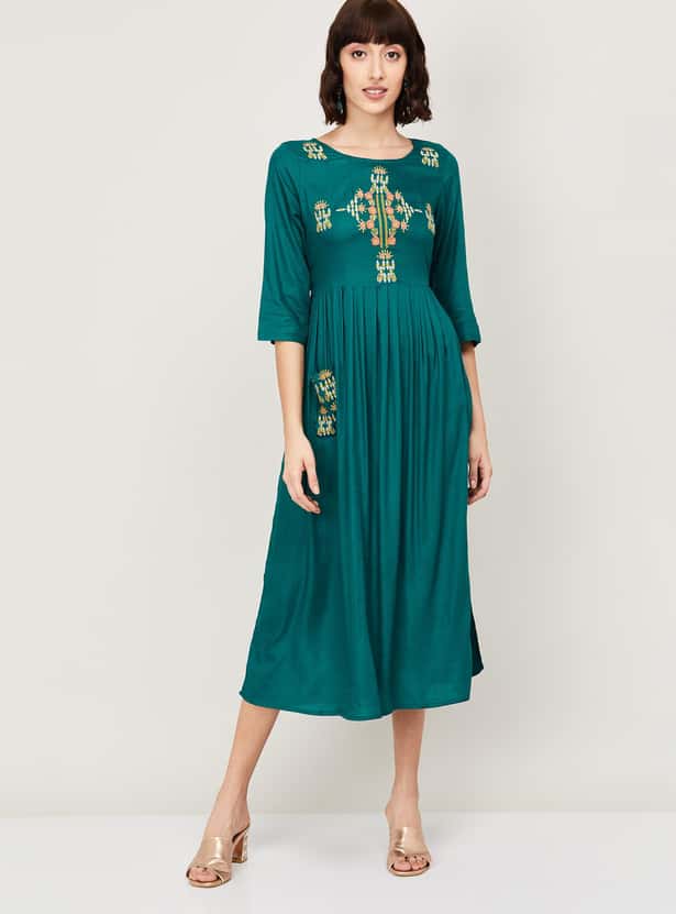 MELANGE Women Embroidered A-Line Midi Dress