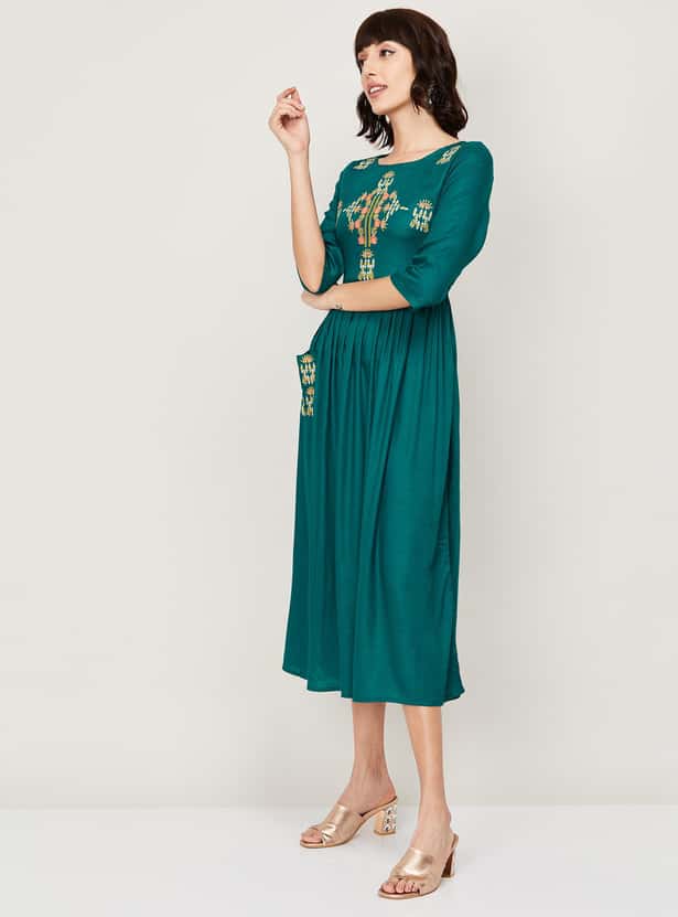 MELANGE Women Embroidered A-Line Midi Dress