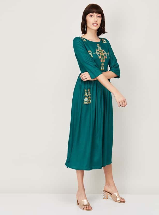 MELANGE Women Embroidered A-Line Midi Dress