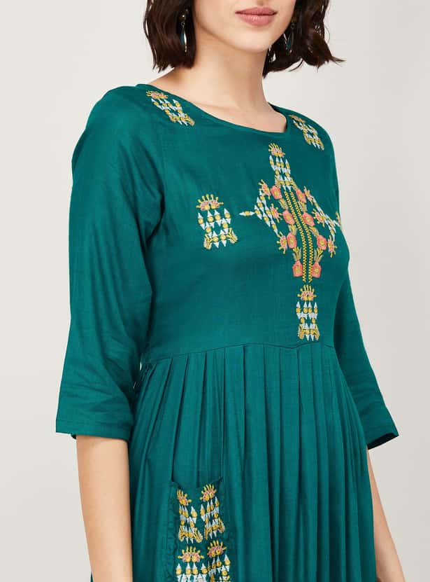 MELANGE Women Embroidered A-Line Midi Dress