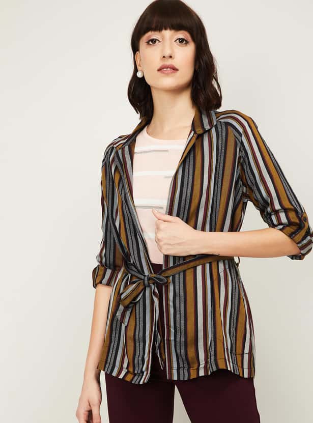 CODE Women Striped Open-Front Shrug