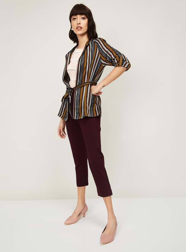CODE Women Striped Open-Front Shrug
