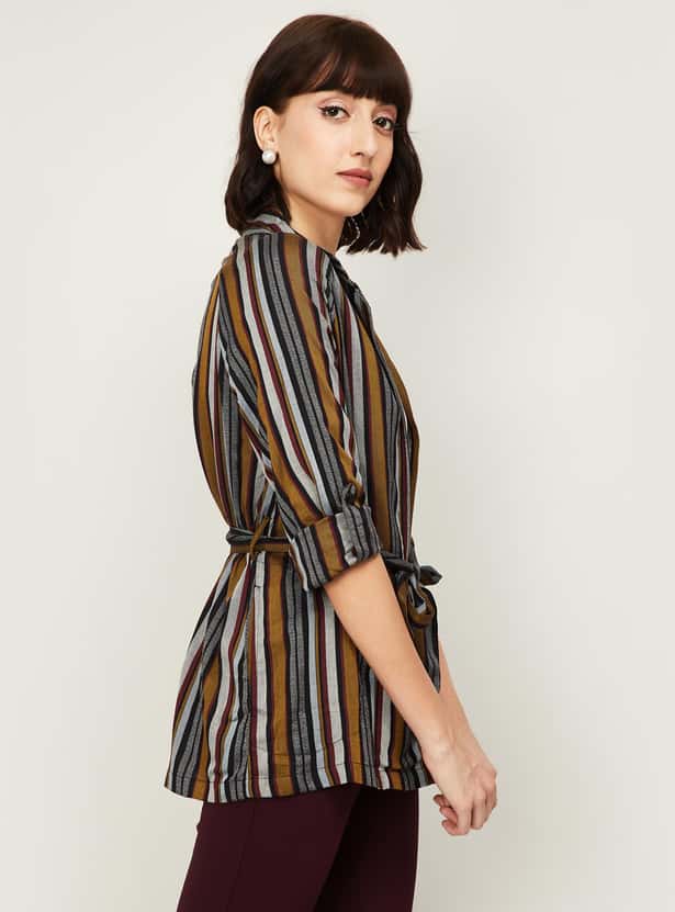 CODE Women Striped Open-Front Shrug