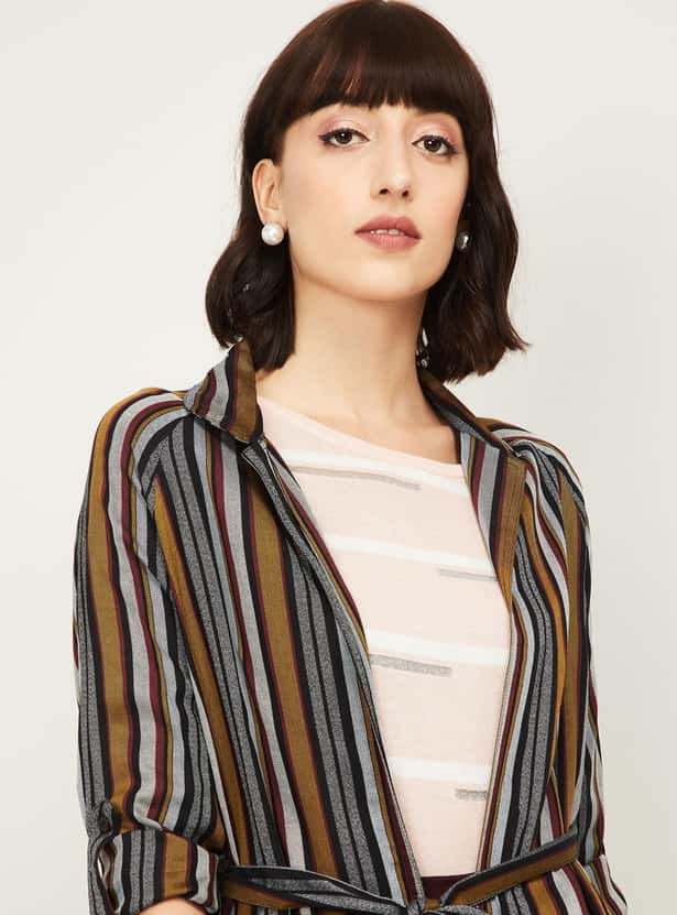 CODE Women Striped Open-Front Shrug
