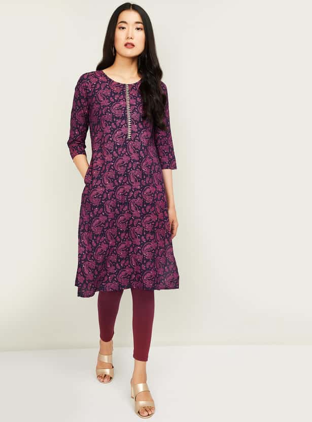 MELANGE Women Printed Three-quarter Sleeves Straight Kurta