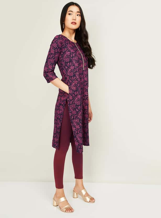 MELANGE Women Printed Three-quarter Sleeves Straight Kurta