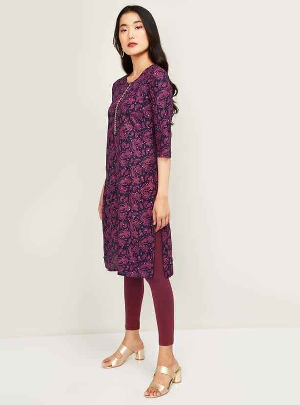 MELANGE Women Printed Three-quarter Sleeves Straight Kurta