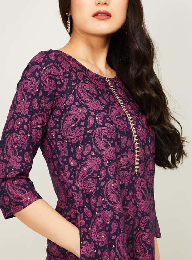 MELANGE Women Printed Three-quarter Sleeves Straight Kurta