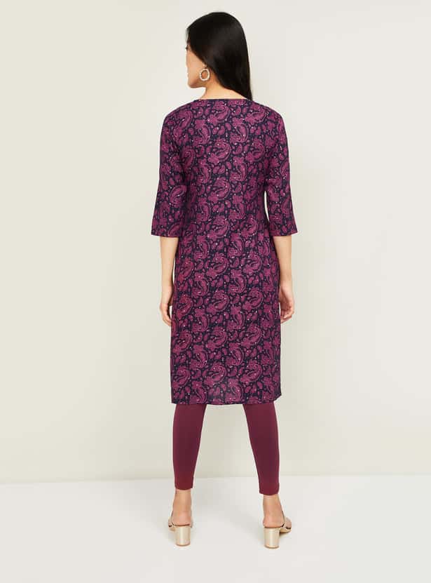 MELANGE Women Printed Three-quarter Sleeves Straight Kurta