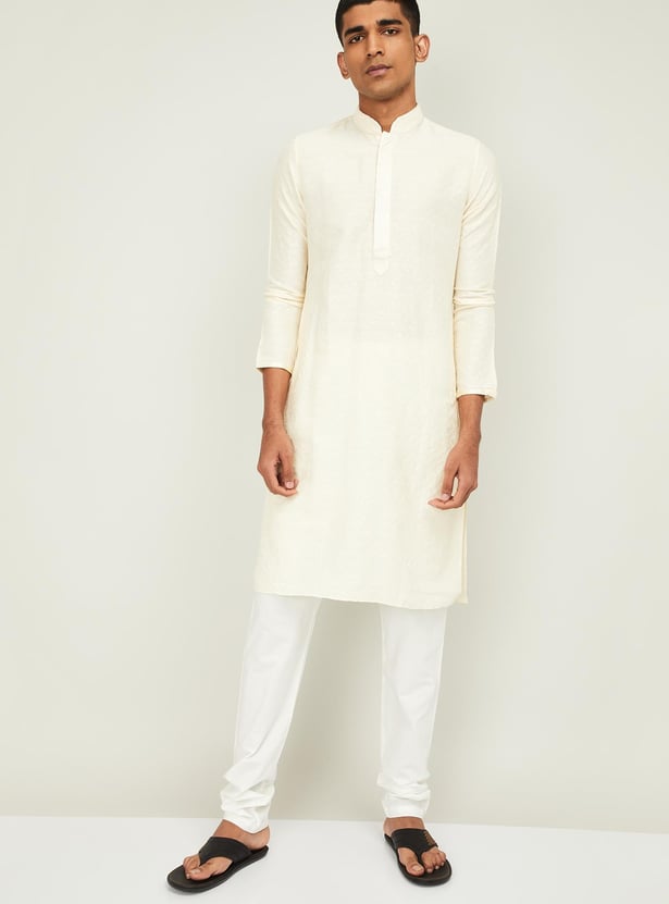 MANYAVAR Men Patterned Band Collar Kurta with Churidar