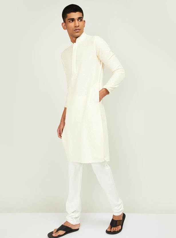 MANYAVAR Men Patterned Band Collar Kurta with Churidar