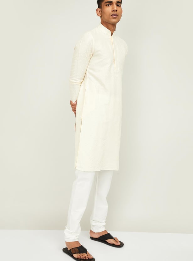 MANYAVAR Men Patterned Band Collar Kurta with Churidar