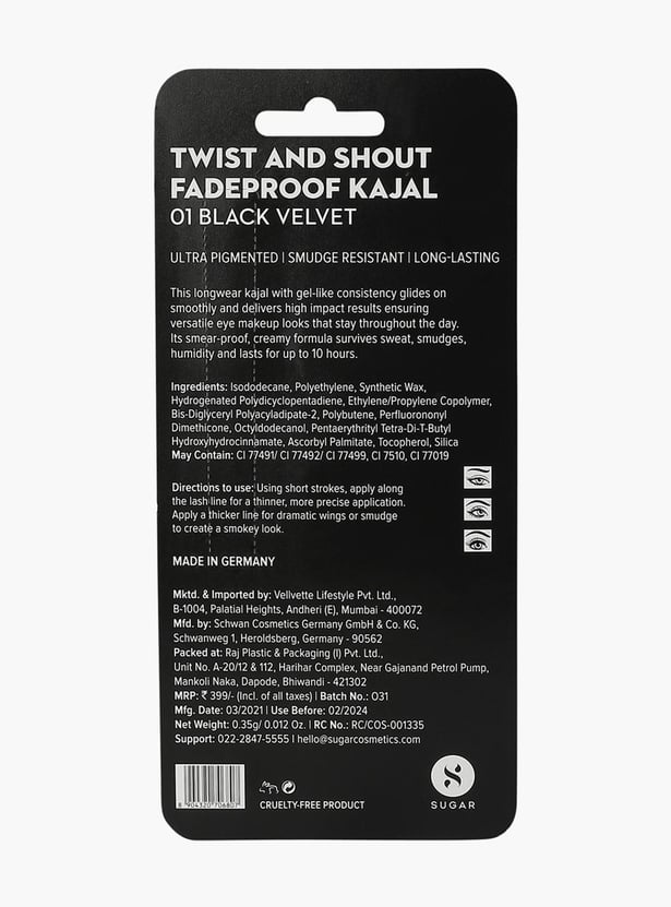 SUGAR Twist and Shout Fadeproof Kajal - 01 Black Velvet- 0.35G