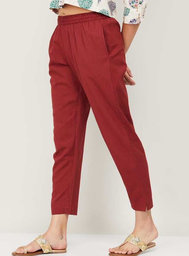 MELANGE Women Solid Elasticated Ankle-Length Straight Pants